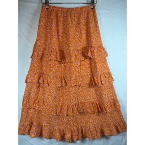 Cynthia Rowley Orange Floral Tiered Ruffle Maxi Skirt XS Boho Cottagecore